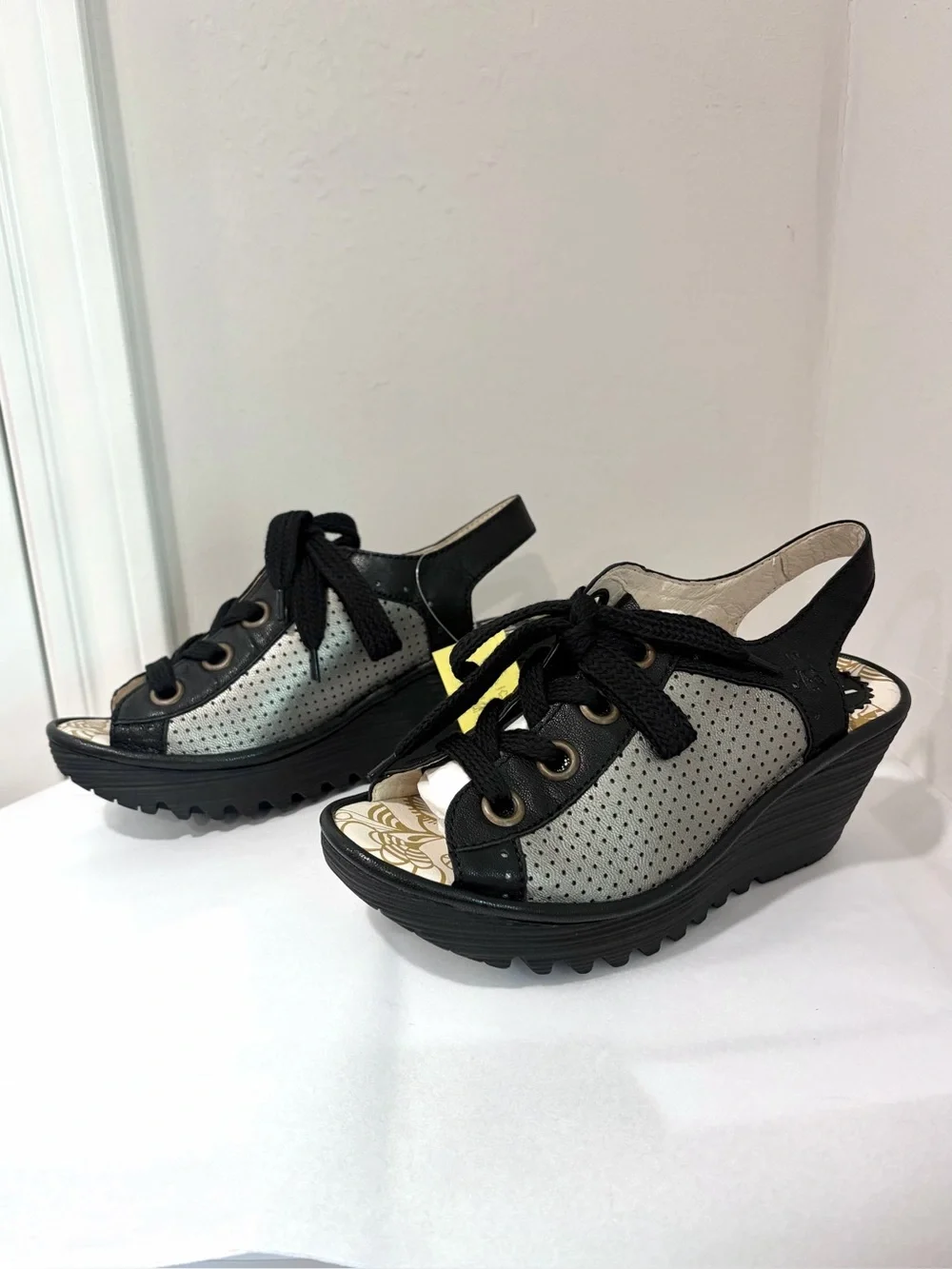 Fly London Mousse Borgogna Lace Front Open Toe Platform Wedge Sandals